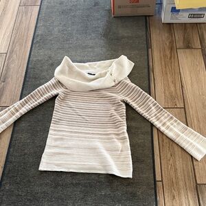 White House Black Market Cream and Tan Striped Cowl Neck Sweater